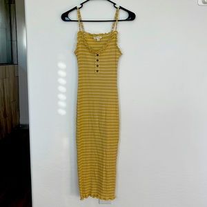 Mustard stripe bodycon midi dress. 4 button detail, adjustable spaghetti strap.